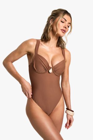 Shell Trim Ruched Cup Underwired Swimsuit