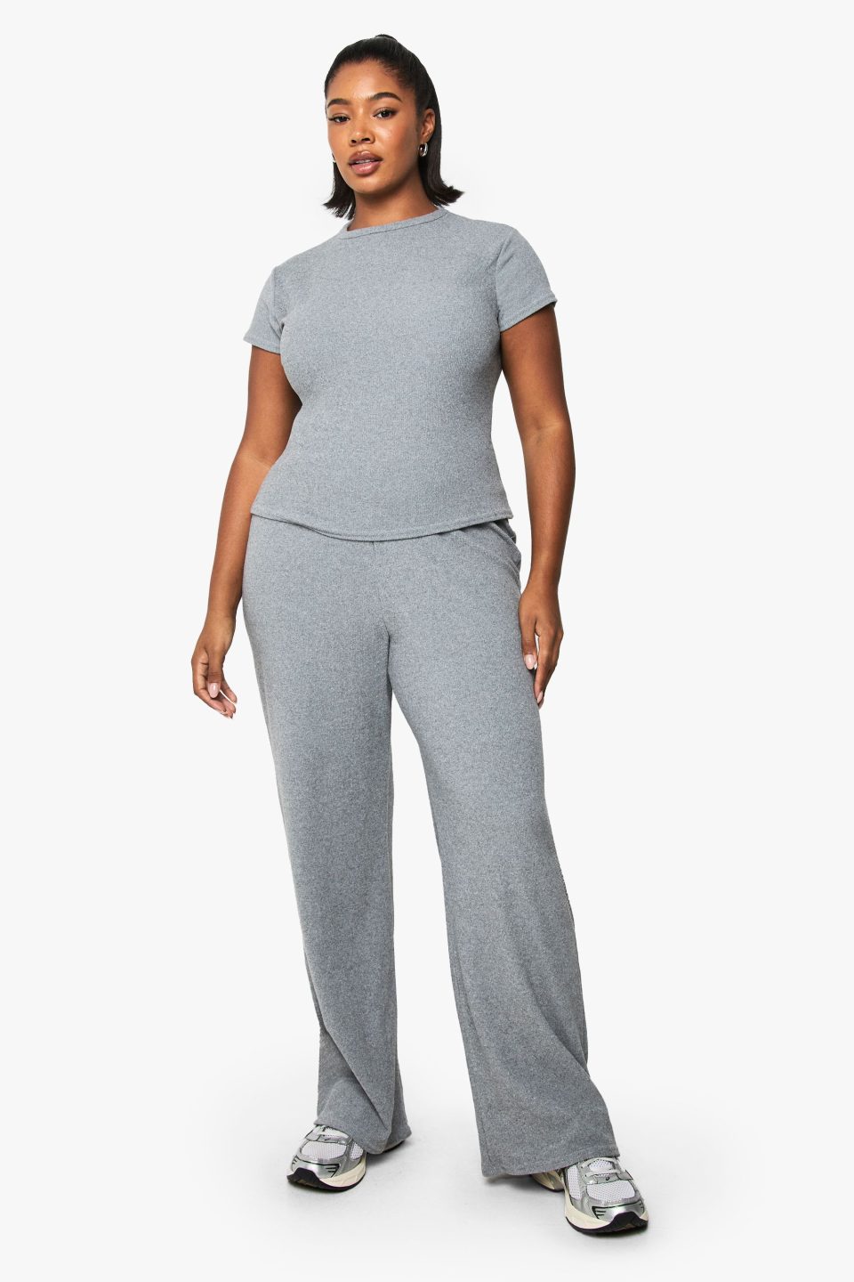 Plus Brushed Rib T- Shirt And Wide Leg Trouser Set