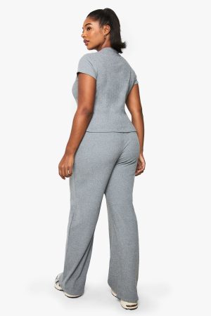 Plus Brushed Rib T- Shirt And Wide Leg Trouser Set