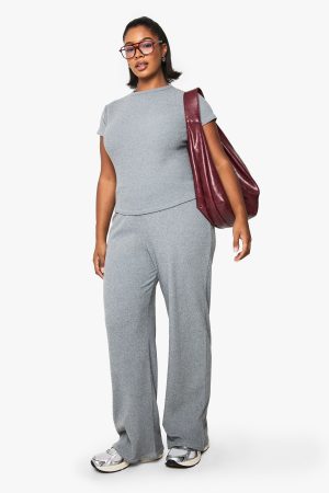 Plus Brushed Rib T- Shirt And Wide Leg Trouser Set