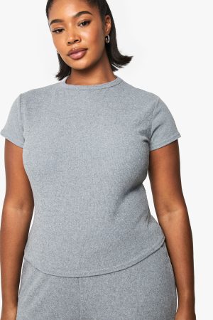 Plus Brushed Rib T- Shirt And Wide Leg Trouser Set