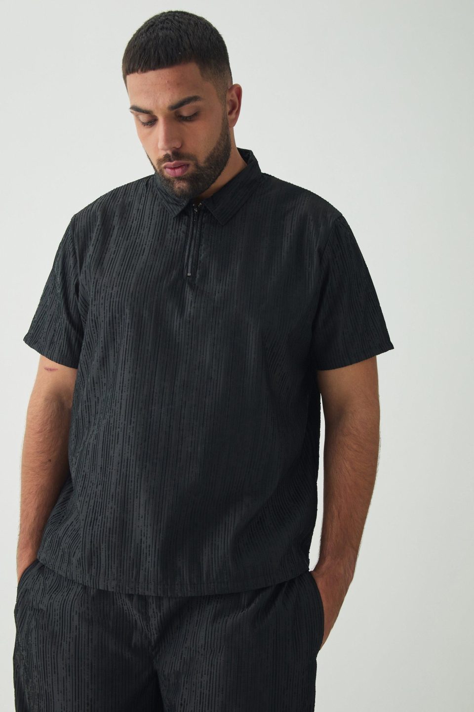 Plus Woven Rib Texture Zip Up Smart Polo Shirt