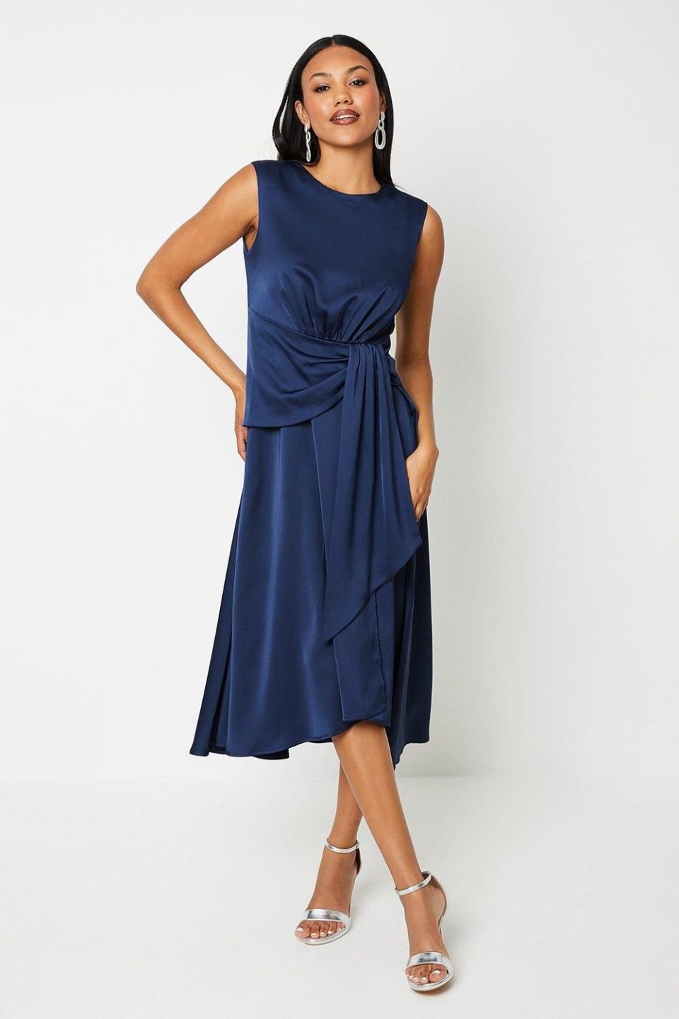 Sash Front Drape Skirt Satin Midi Dress