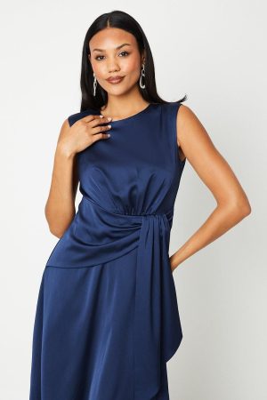 Sash Front Drape Skirt Satin Midi Dress