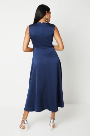 Sash Front Drape Skirt Satin Midi Dress