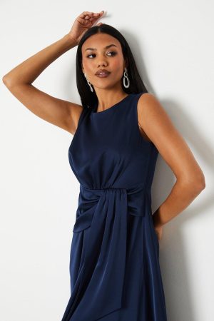 Sash Front Drape Skirt Satin Midi Dress
