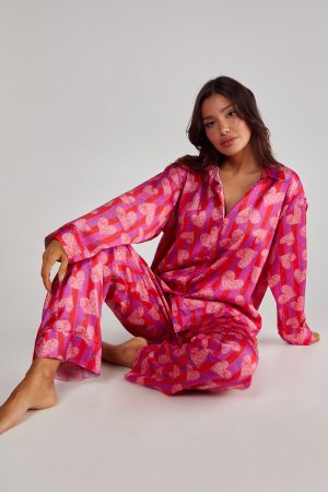 Stripe Heart Oversized Shirt Pajama Pants Set