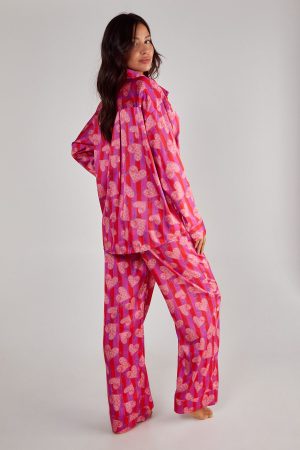 Stripe Heart Oversized Shirt Pajama Pants Set