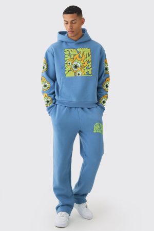 Oversized Boxy Eye Puff Print Graphic Hooded Tracksuit