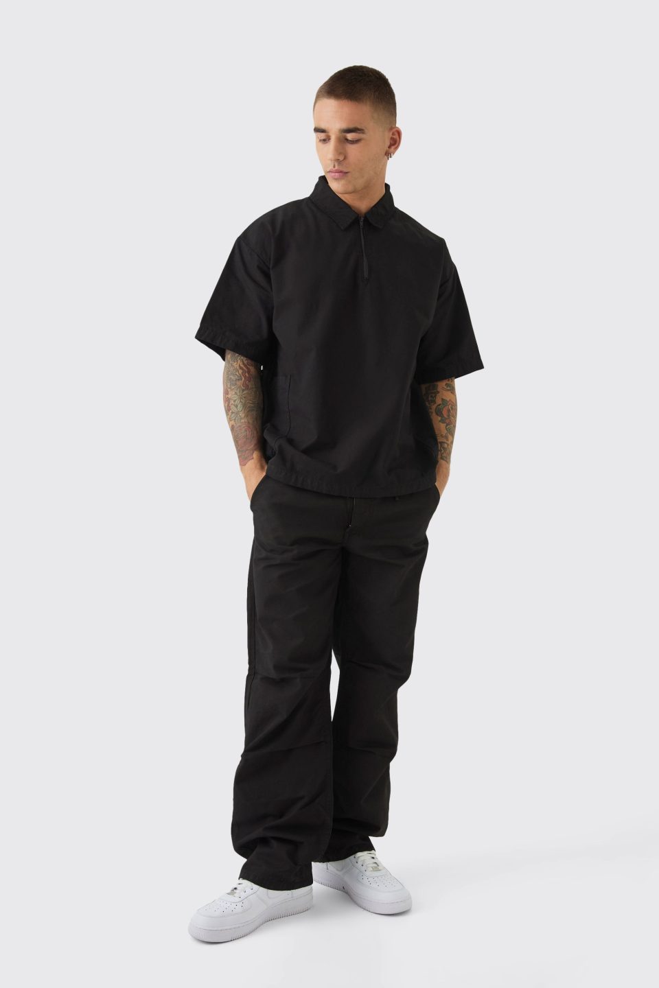 Oversized Boxy 1/4 Zip Peached Nylon Shirt & Trouser Set