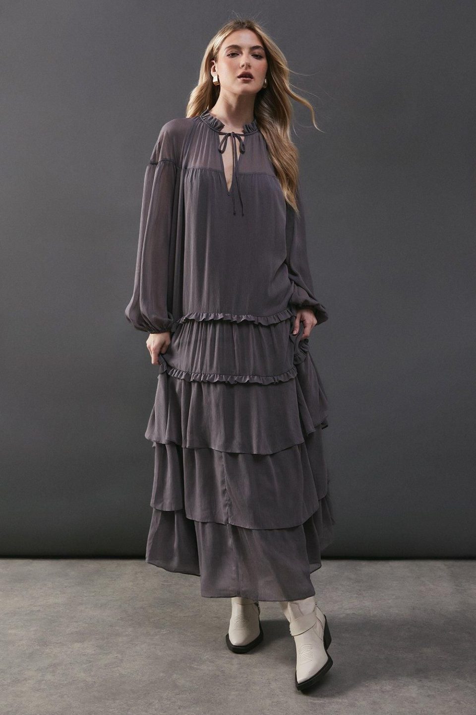 Premium Chiffon Tie Neck Tier Smock Maxi Dress