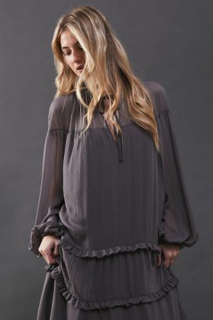 Premium Chiffon Tie Neck Tier Smock Maxi Dress