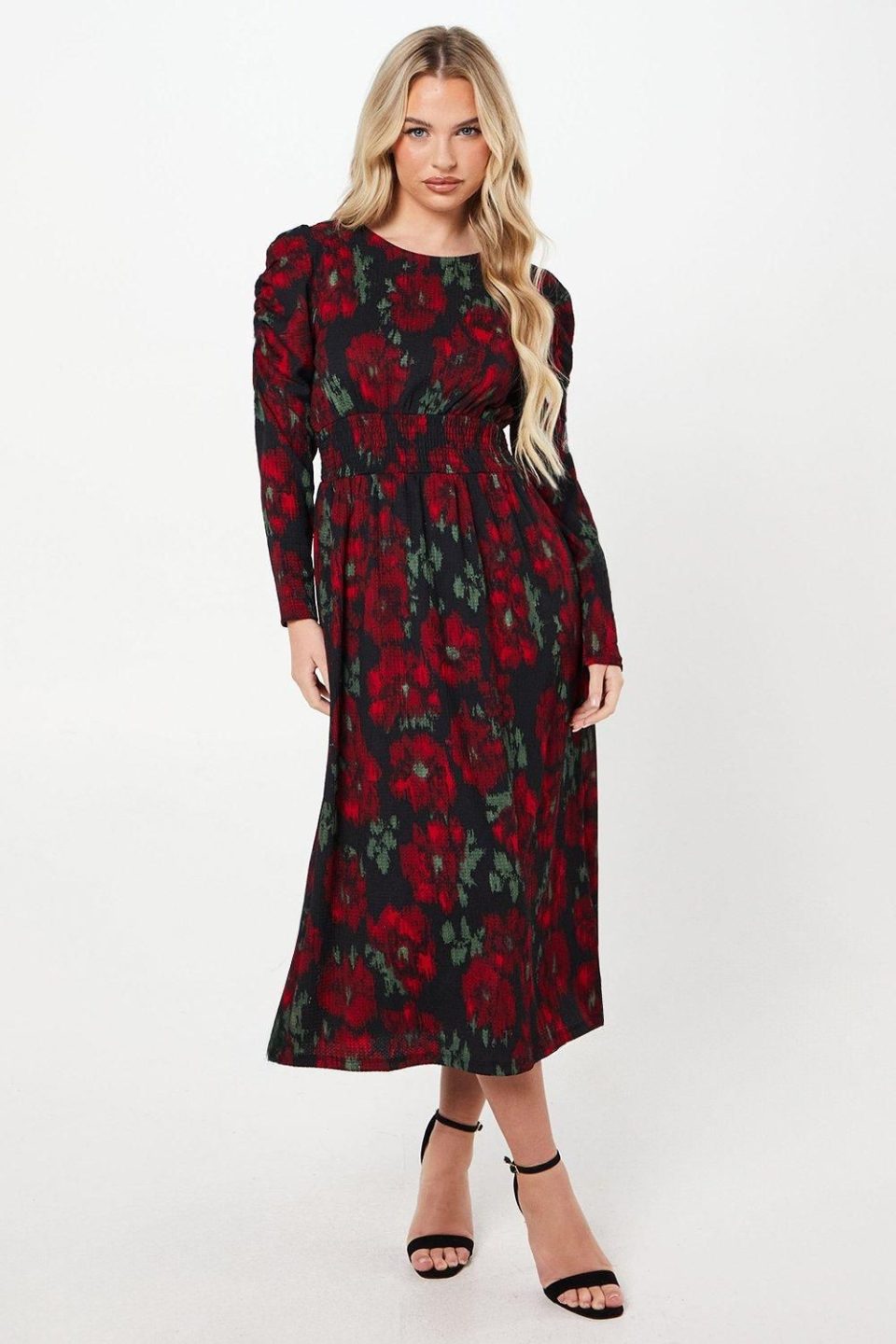 Petite Berry Floral Shirred Waist Long Sleeve Midi Dress