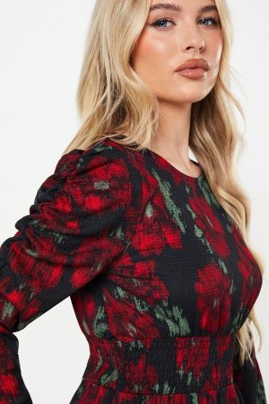 Petite Berry Floral Shirred Waist Long Sleeve Midi Dress