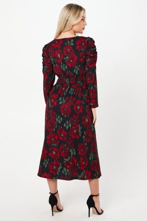 Petite Berry Floral Shirred Waist Long Sleeve Midi Dress