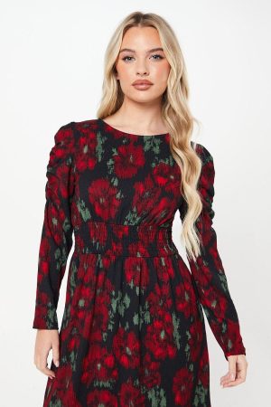 Petite Berry Floral Shirred Waist Long Sleeve Midi Dress