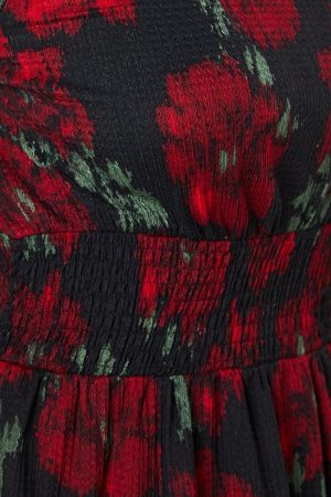 Petite Berry Floral Shirred Waist Long Sleeve Midi Dress