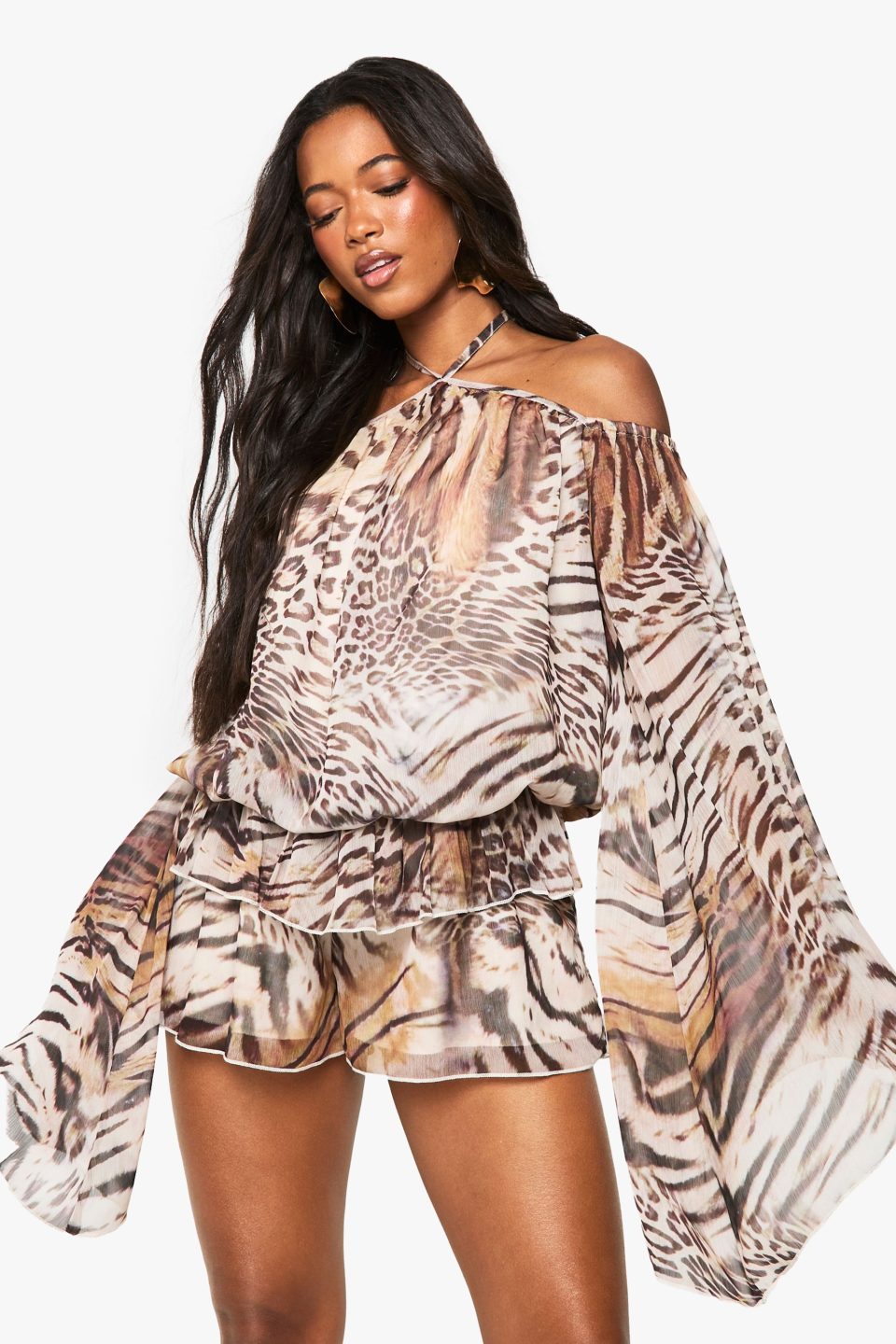 Mixed Animal Print Chiffon Kimono Sleeve Playsuit
