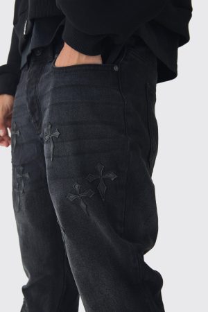 Slim Rigid Flare Washed Denim Cross Applique Jeans