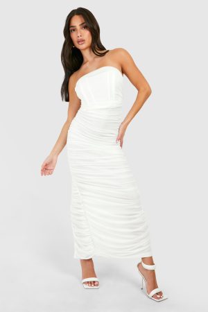 Petite Mesh Bandeau Ruched Maxi Dress