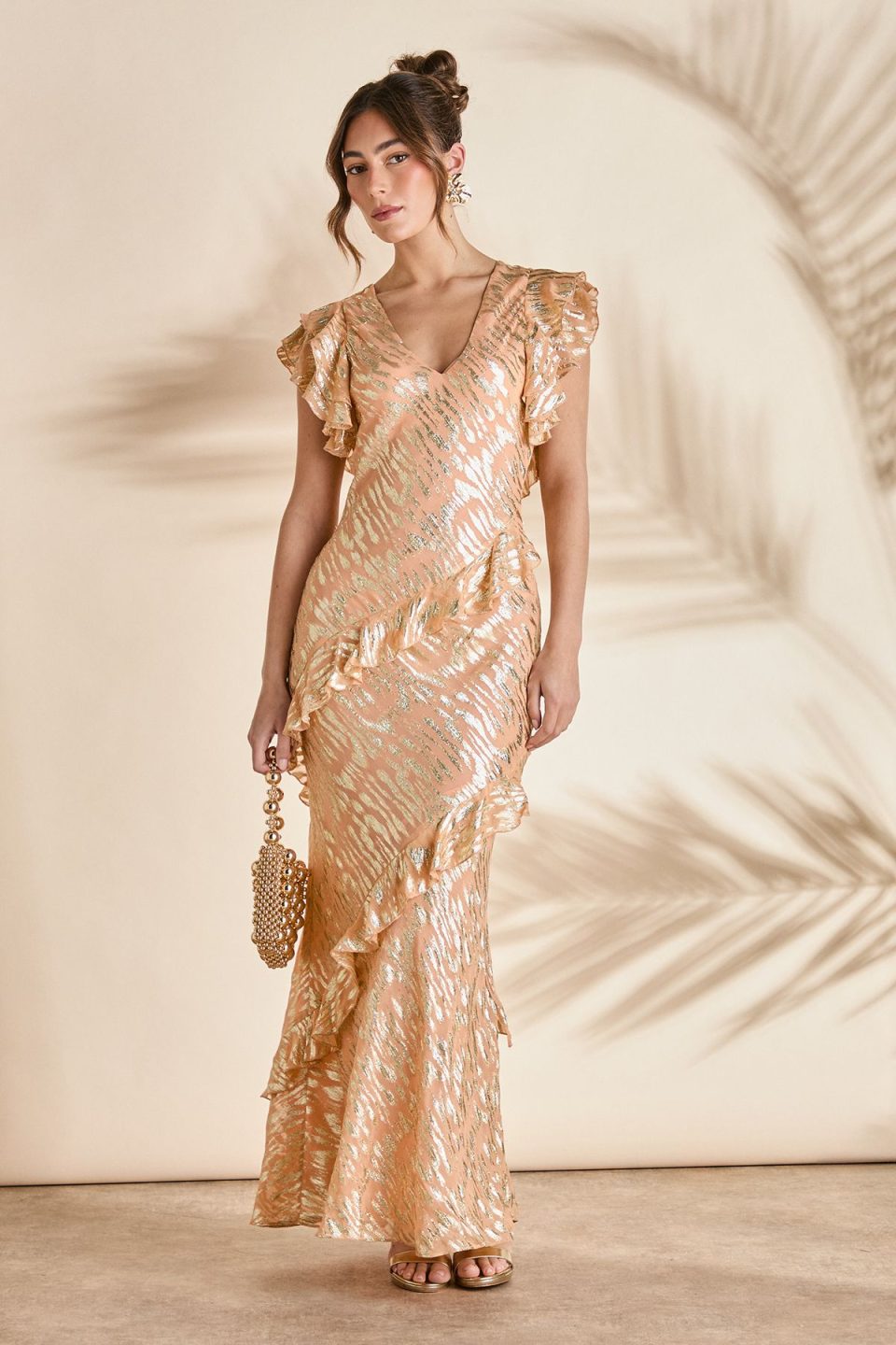 Metallic Jacquard Frill Midi Dress