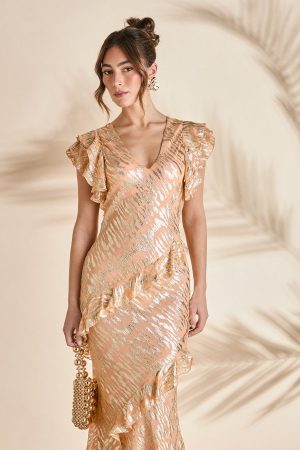 Metallic Jacquard Frill Midi Dress