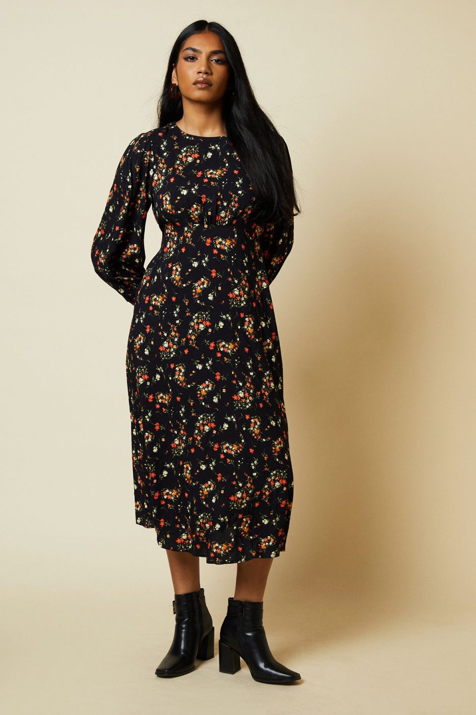 Petite Red Ditsy Floral Shirred Cuff Midi Dress