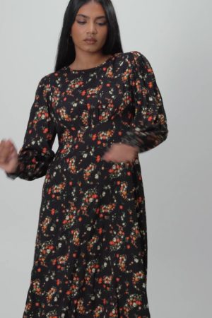 Petite Red Ditsy Floral Shirred Cuff Midi Dress