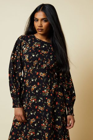 Petite Red Ditsy Floral Shirred Cuff Midi Dress
