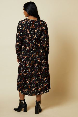 Petite Red Ditsy Floral Shirred Cuff Midi Dress