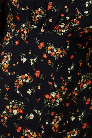 Petite Red Ditsy Floral Shirred Cuff Midi Dress