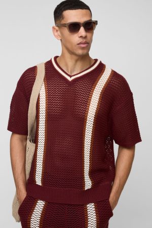 Boxy Fit Open Stitch V Neck Striped Knitted T-Shirt