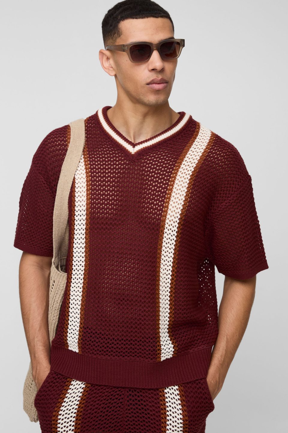 Boxy Fit Open Stitch V Neck Striped Knitted T-Shirt