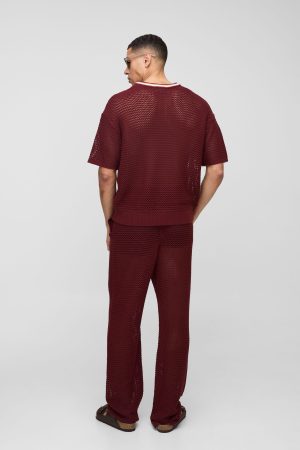Boxy Fit Open Stitch V Neck Striped Knitted T-Shirt
