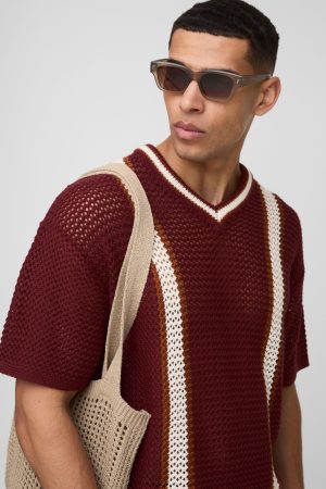 Boxy Fit Open Stitch V Neck Striped Knitted T-Shirt
