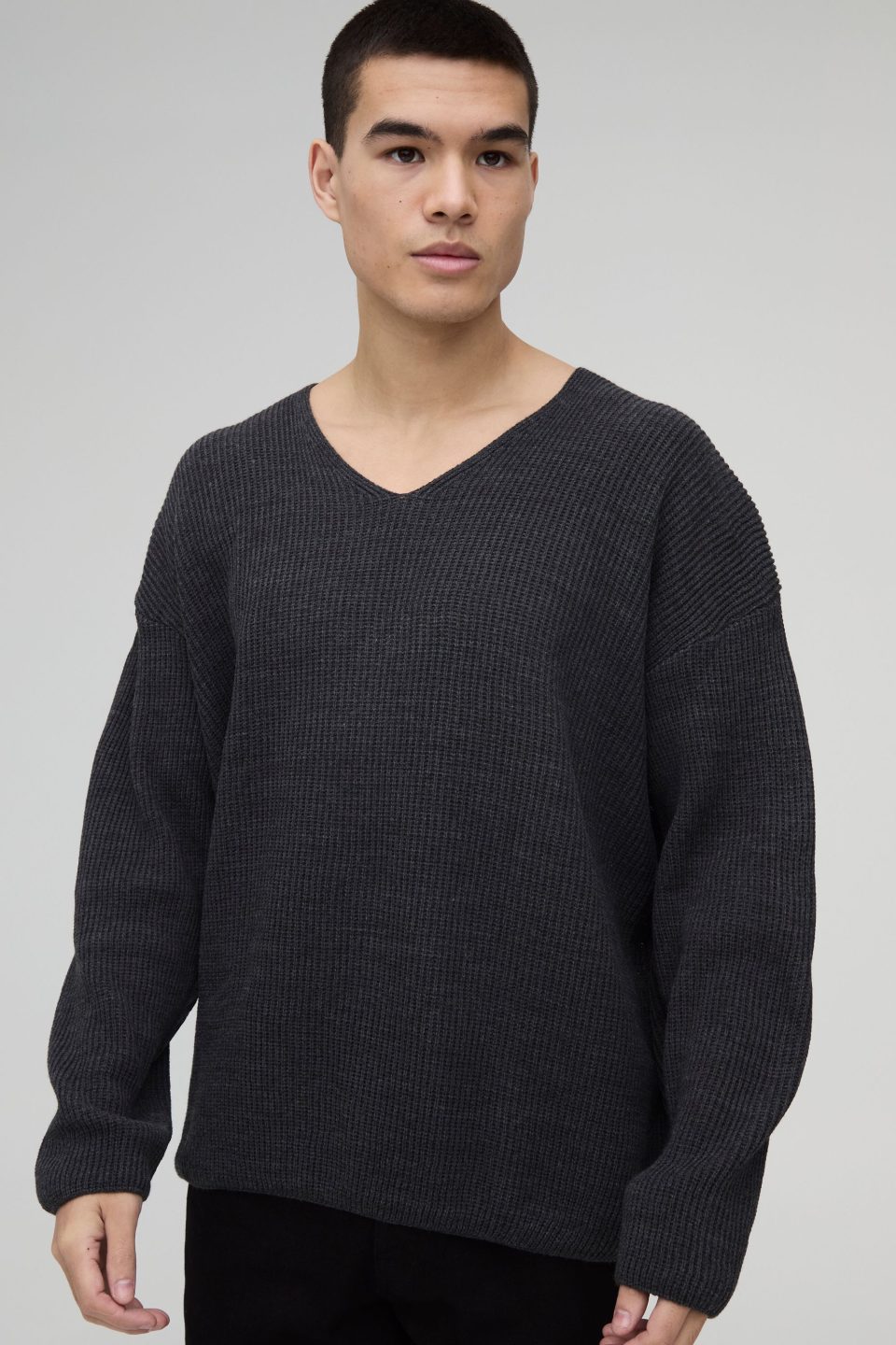 Oversized Dropped Shoulder Ribbed V Neck Knit Jumper