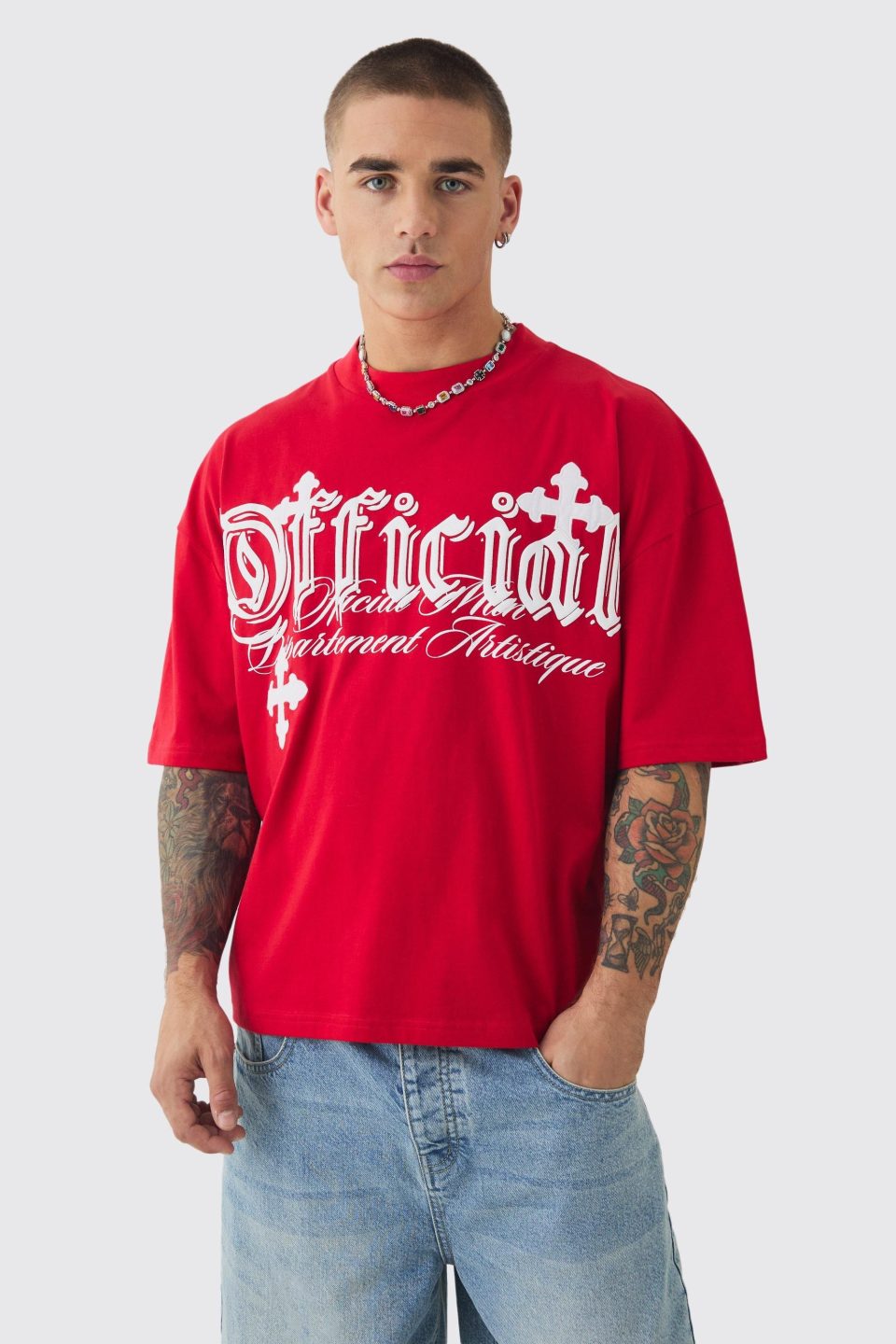 Oversized Boxy Cross Applique Distressed T-shirt