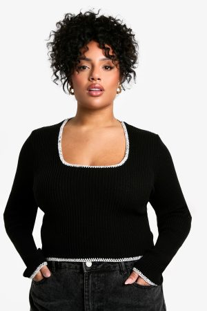 Plus Contrast Stitch Long Sleeve Top