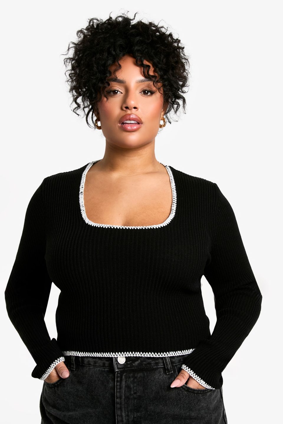 Plus Contrast Stitch Long Sleeve Top