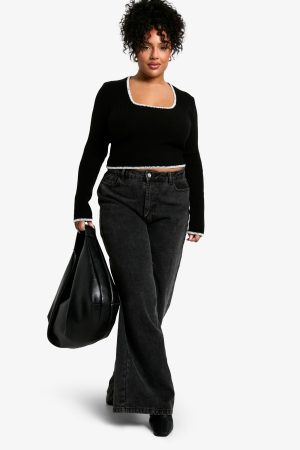 Plus Contrast Stitch Long Sleeve Top