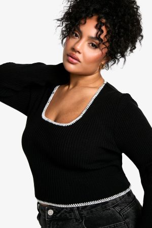 Plus Contrast Stitch Long Sleeve Top