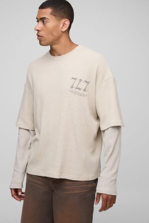 Oversized Boxy Tonal Print Raglan Faux Layer Sleeve Waffle T-Shirt