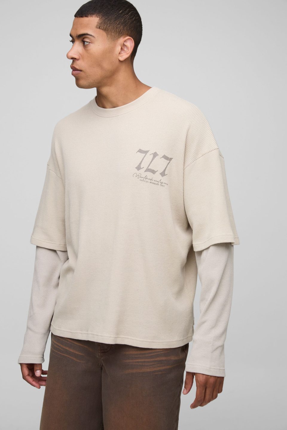 Oversized Boxy Tonal Print Raglan Faux Layer Sleeve Waffle T-Shirt