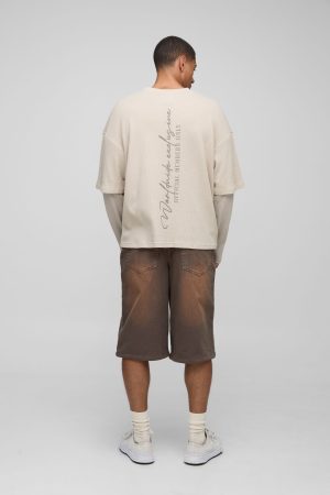 Oversized Boxy Tonal Print Raglan Faux Layer Sleeve Waffle T-Shirt