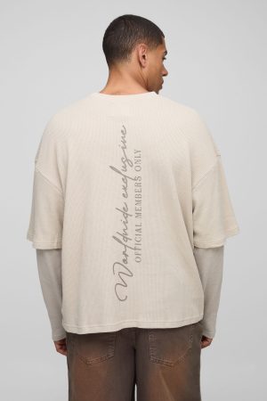 Oversized Boxy Tonal Print Raglan Faux Layer Sleeve Waffle T-Shirt