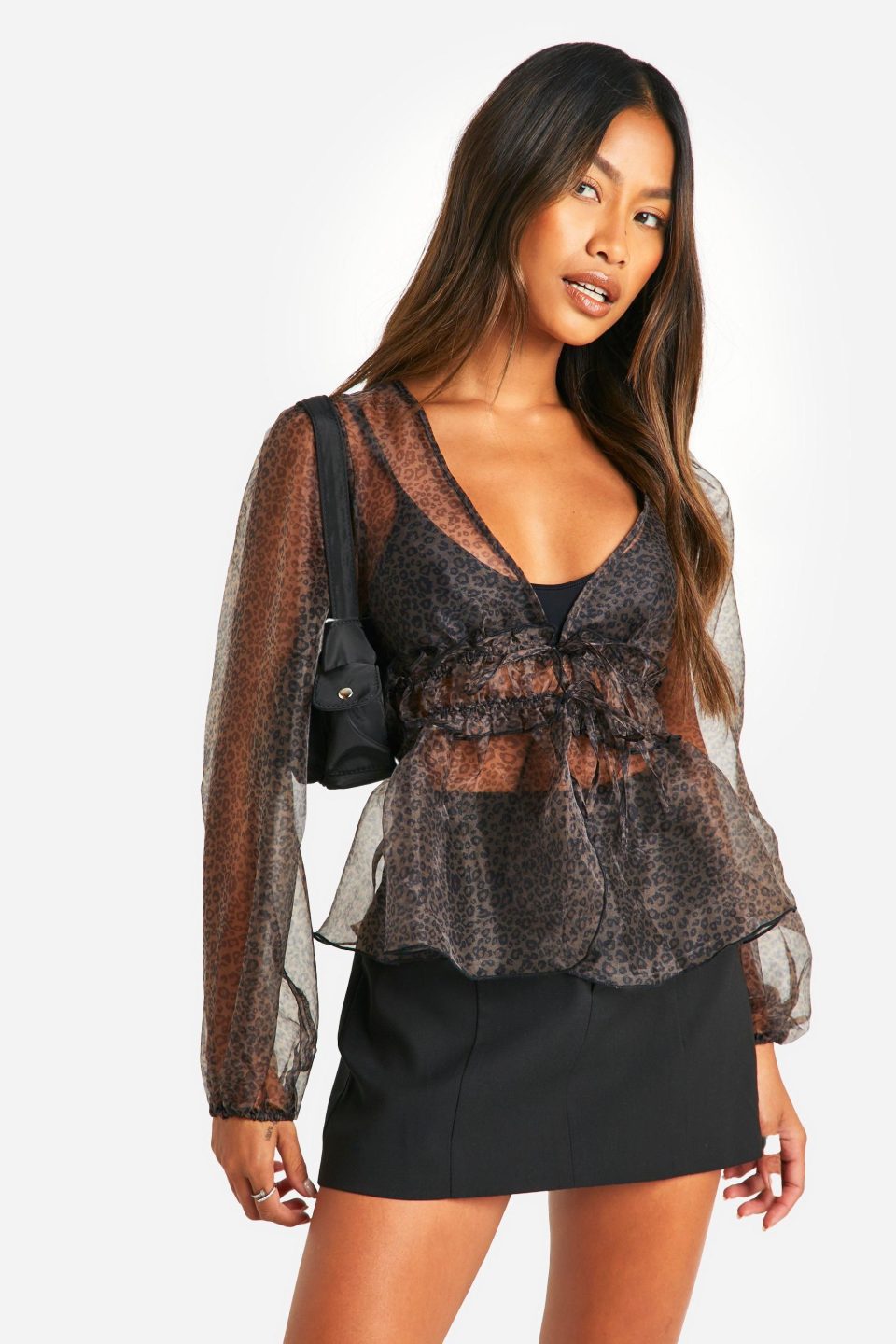 Micro Leopard Print Tie Volume Sleeve Blouse