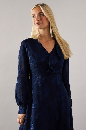 Petite Floral Burn Out Asymmetric Ruffle Midi Dress