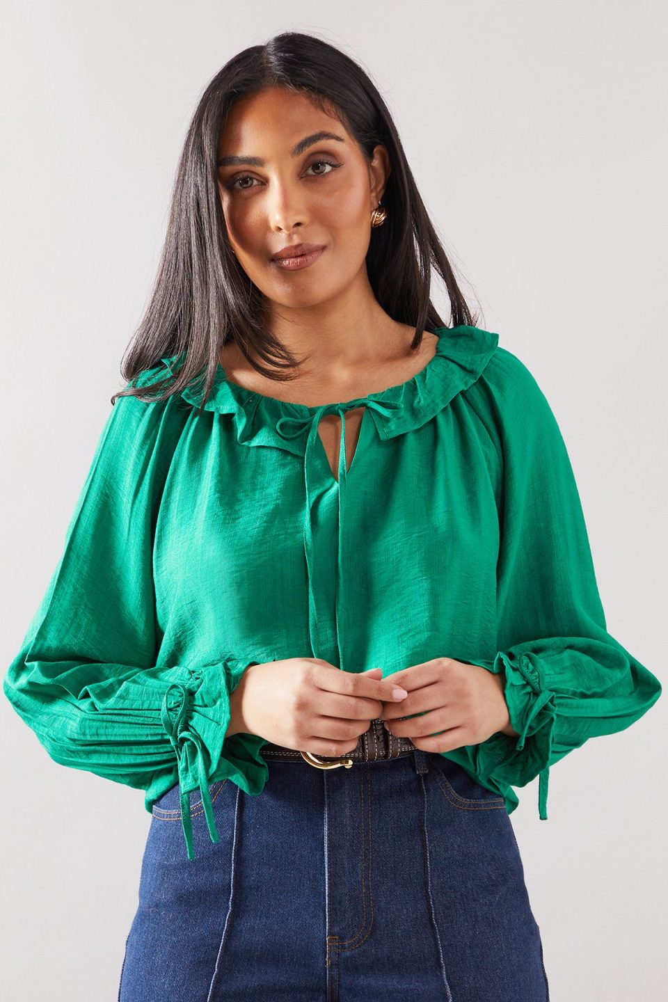 Petite Viscose Linen Ruffle Blouse
