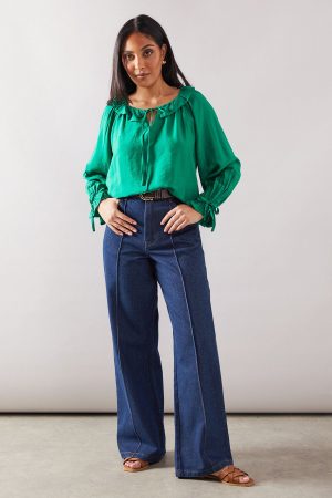 Petite Viscose Linen Ruffle Blouse