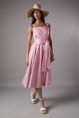Lisa Tan Diagonal Stripe Belted Midi Dress